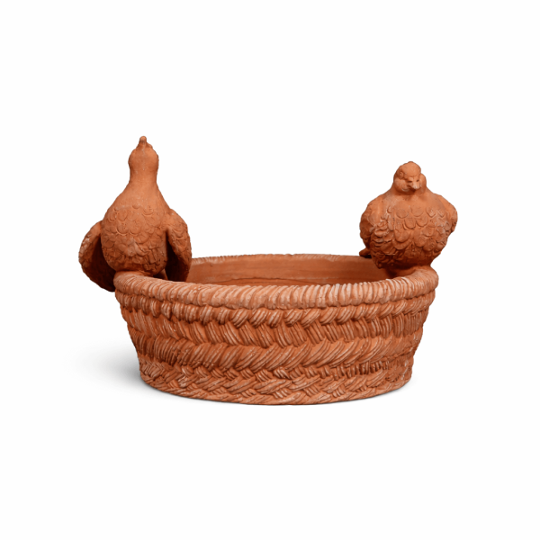 Vogelbad aus Impruneta Terracotta mit dekorativen Vogel-Figuren